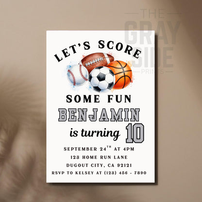 Sports Birthday Invitation Boys Sports Party Invite Editable Ball Game Birthday Invitation Baseball Invite Football Soccer Basketball Party