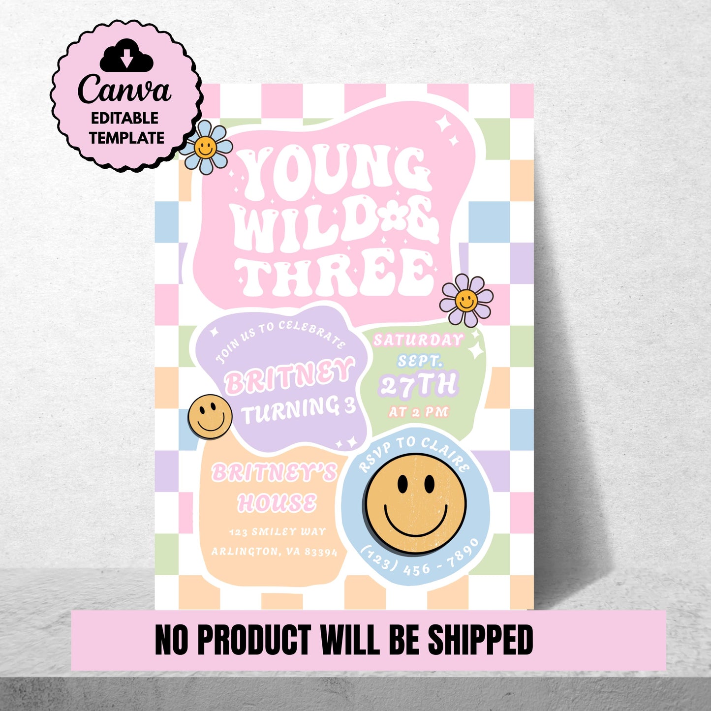 Young Wild & Three Birthday Invitation Retro 3rd Birthday Party Invite Editable Groovy Girl Birthday Digital Download Girls 3rd Birthday