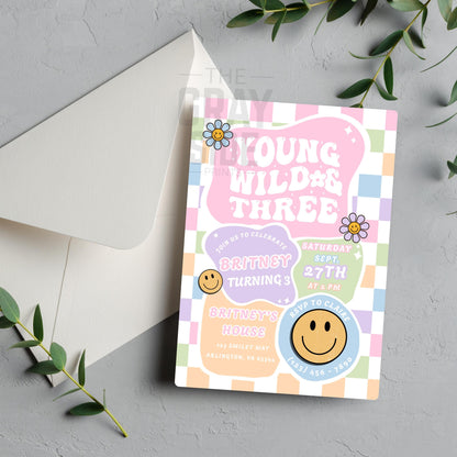Young Wild & Three Birthday Invitation Retro 3rd Birthday Party Invite Editable Groovy Girl Birthday Digital Download Girls 3rd Birthday