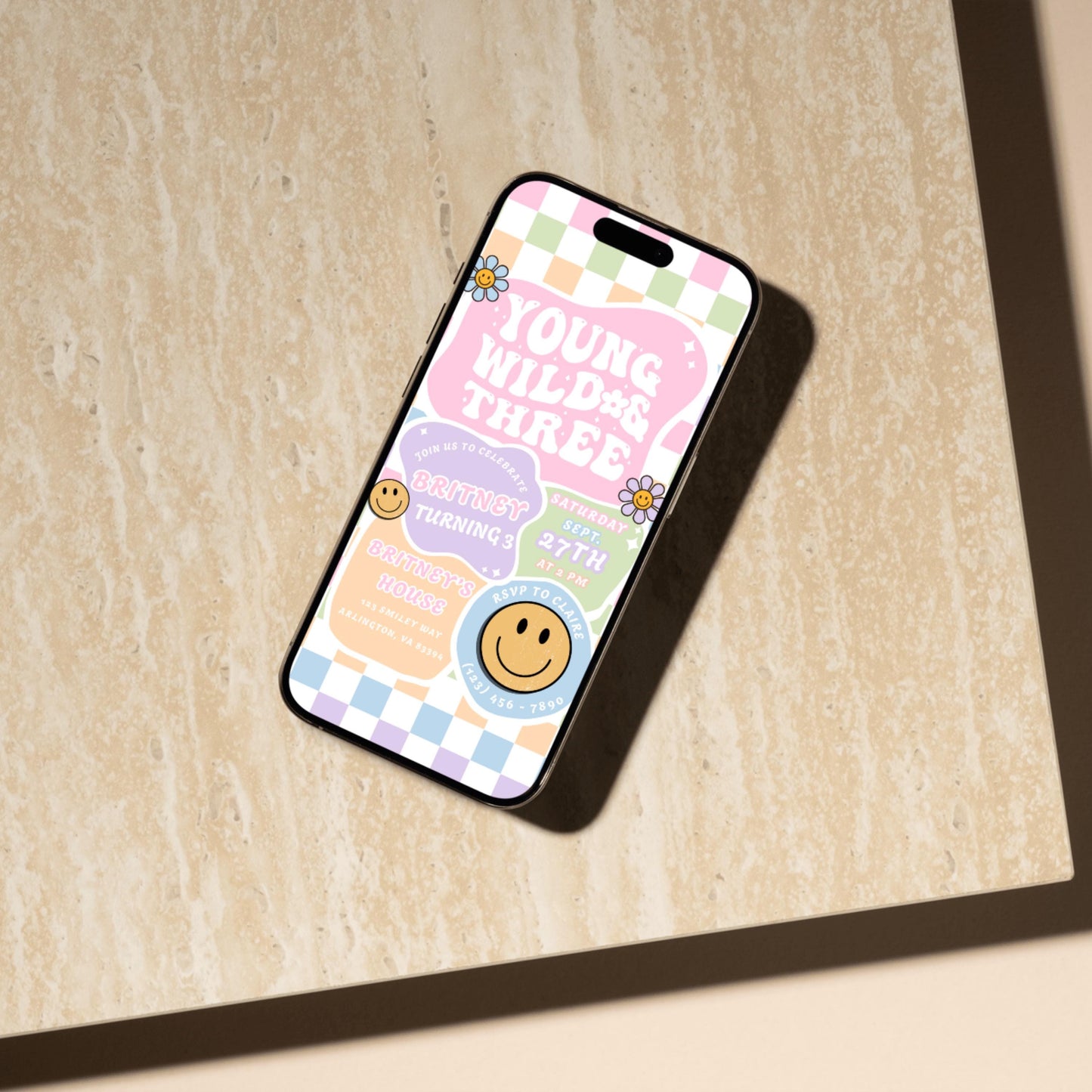 Young Wild & Three Birthday Invitation Retro 3rd Birthday Party Invite Editable Groovy Girl Birthday Digital Download Girls 3rd Birthday