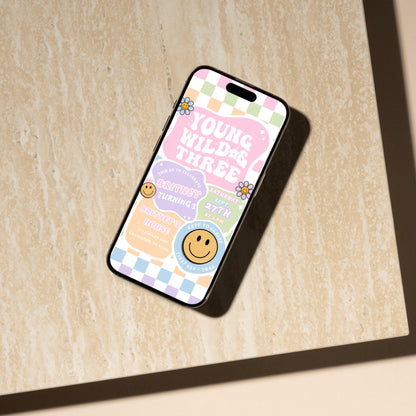 Young Wild & Three Birthday Invitation Retro 3rd Birthday Party Invite Editable Groovy Girl Birthday Digital Download Girls 3rd Birthday