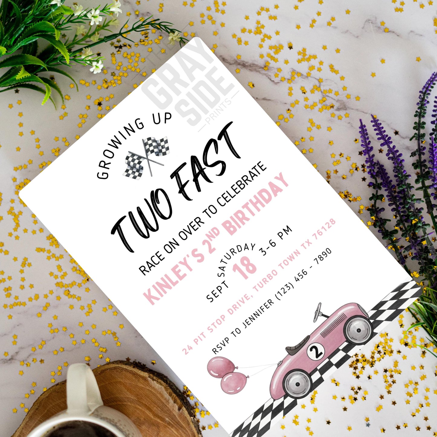 Two Fast Birthday Invitation Race Car 2nd Birthday Party Invite Editable Template Pink Car Birthday Girl Printable Instant Download