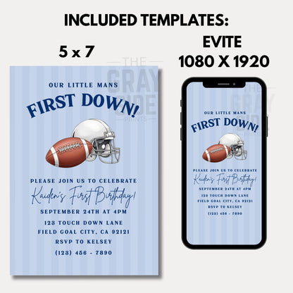 First Down Football Invitation Boy 1st Birthday Party Invite Editable Invite First Birthday Invitation Boys First Birthday Invite Football