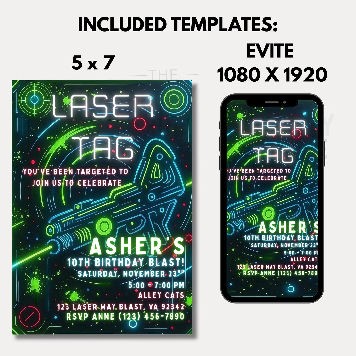 Editable Laser Tag Birthday Invitation Neon Laser Tag Invite Glow Laser Tag Party Boy Girl Digital Download Printable Kids Birthday Invite