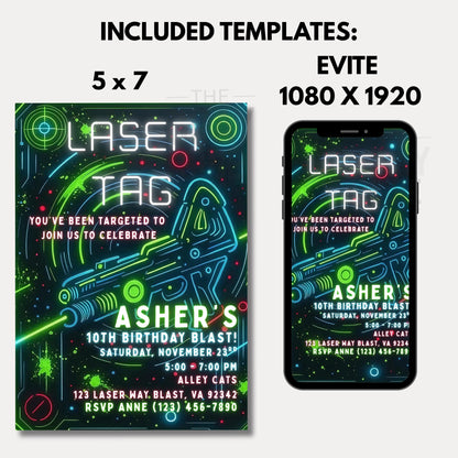 Editable Laser Tag Birthday Invitation Neon Laser Tag Invite Glow Laser Tag Party Boy Girl Digital Download Printable Kids Birthday Invite