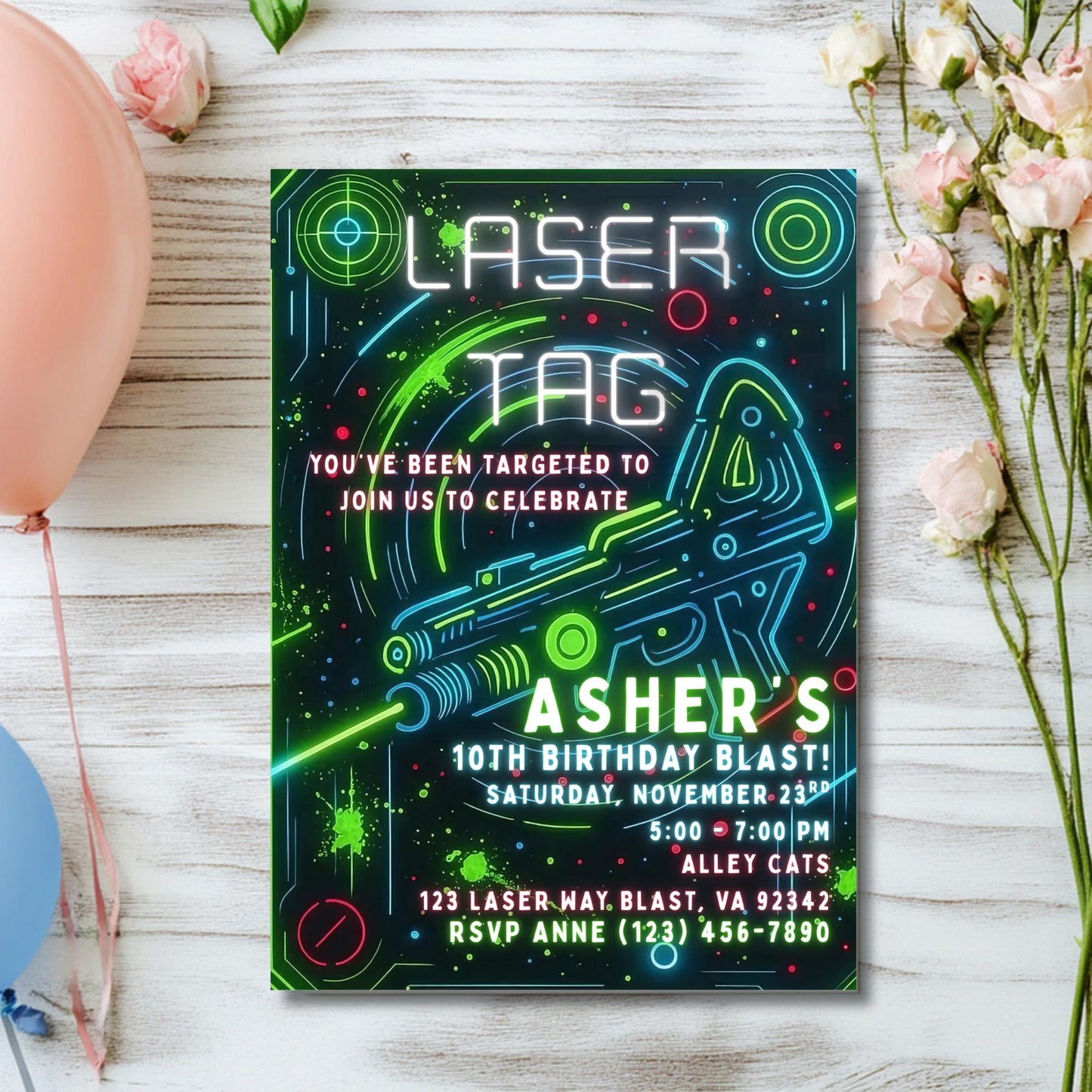Editable Laser Tag Birthday Invitation Neon Laser Tag Invite Glow Laser Tag Party Boy Girl Digital Download Printable Kids Birthday Invite