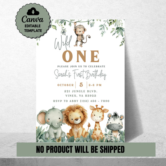 Wild One Invitation First Birthday Invite Gender Neutral Birthday Invite 1st Birthday Invite Safari 1st Birthday Template Digital Download