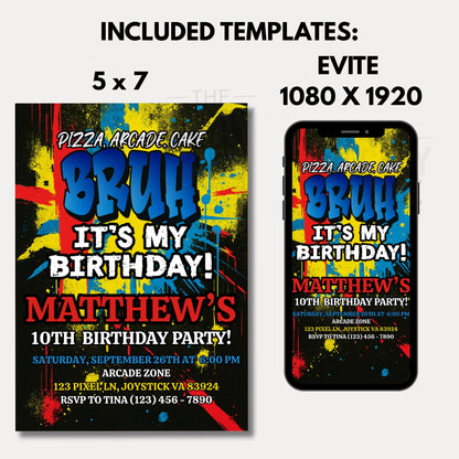 Bruh It's My Birthday Invitation Boys Birthday Invite Arcade Birthday Invite Printable Boys Bday Card Digital Party Invite Instant Download