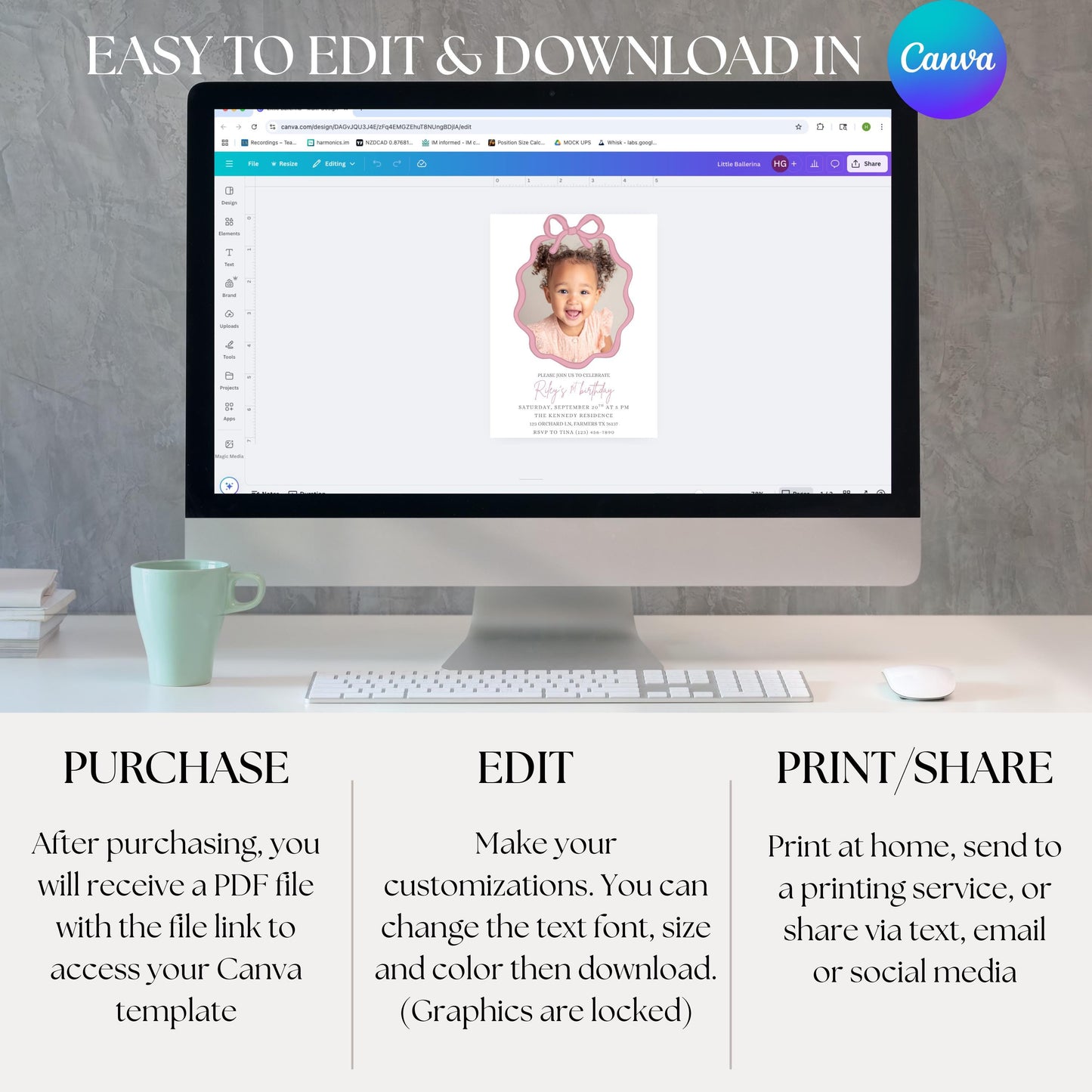 Personalized Birthday Invite Photo Birthday Invitation Custom Picture Invite Template Personalized Invitation for Girls Pink Bow Invitation