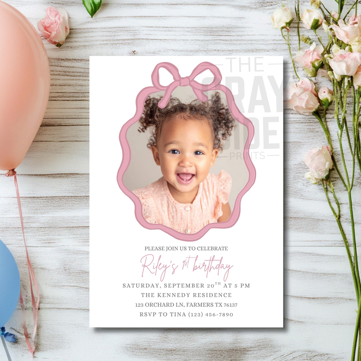 Personalized Birthday Invite Photo Birthday Invitation Custom Picture Invite Template Personalized Invitation for Girls Pink Bow Invitation