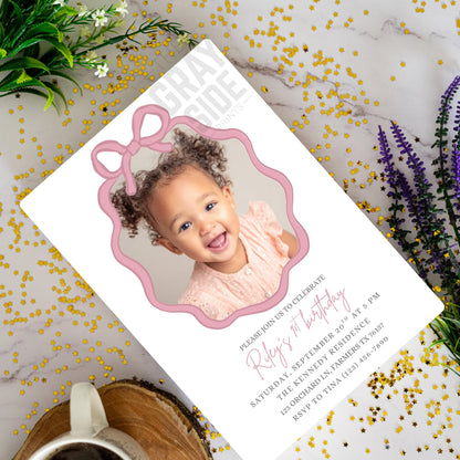 Personalized Birthday Invite Photo Birthday Invitation Custom Picture Invite Template Personalized Invitation for Girls Pink Bow Invitation