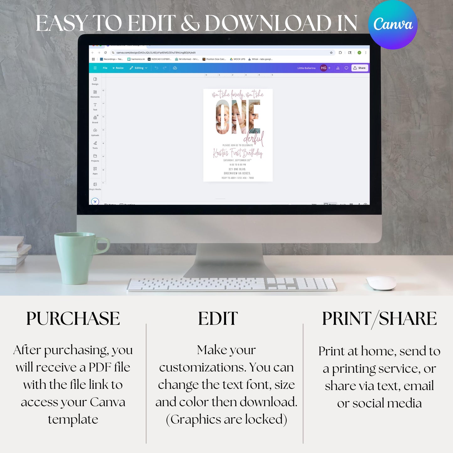 Isn’t She Lovely 1st Birthday Invitation ONEderful Girl Birthday Invite Editable Invitation Canva Template Girls First Birthday Invite