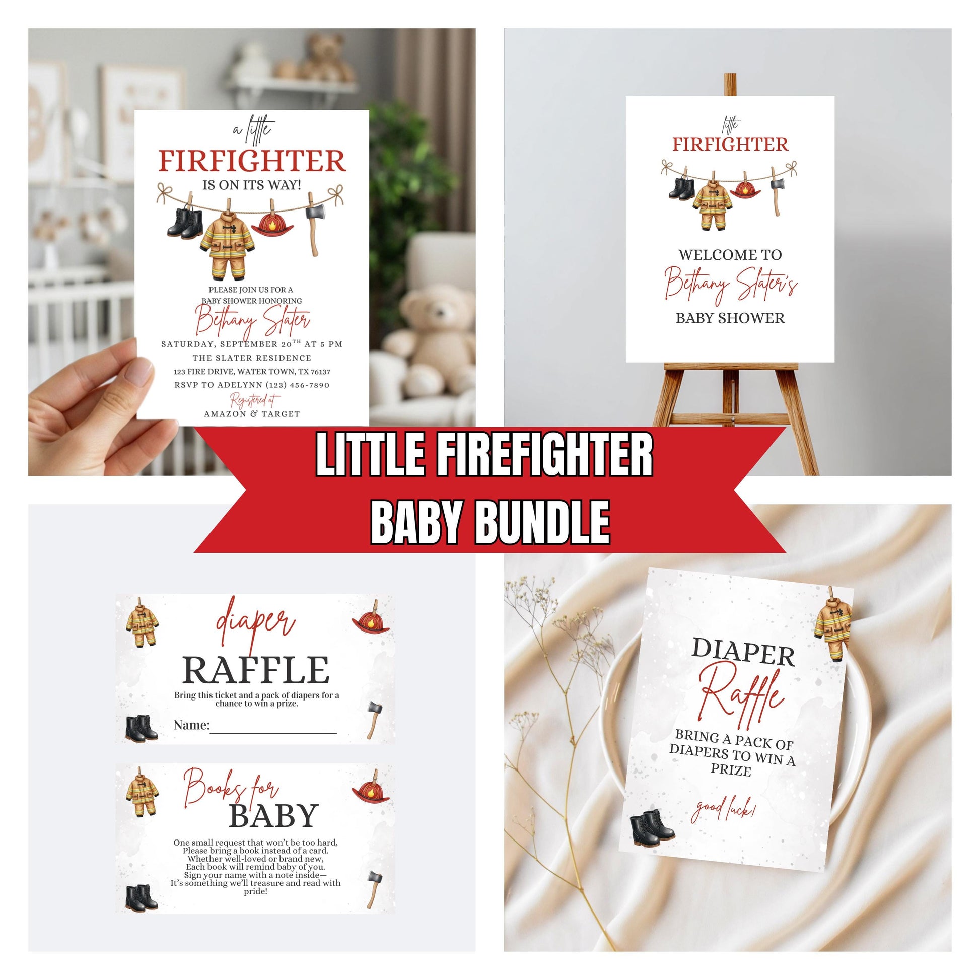 A Little Firefighter Baby Shower Bundle Baby Shower Bundle Invitation Fire Truck Baby Shower Fireman Invite Boy Baby Shower Girl Baby Shower