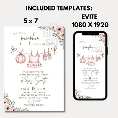 Little Pumpkin Baby Shower Invitation Fall Baby Shower Invite Editable Baby Shower Template Girl Baby Shower Invitation Pink Baby Shower
