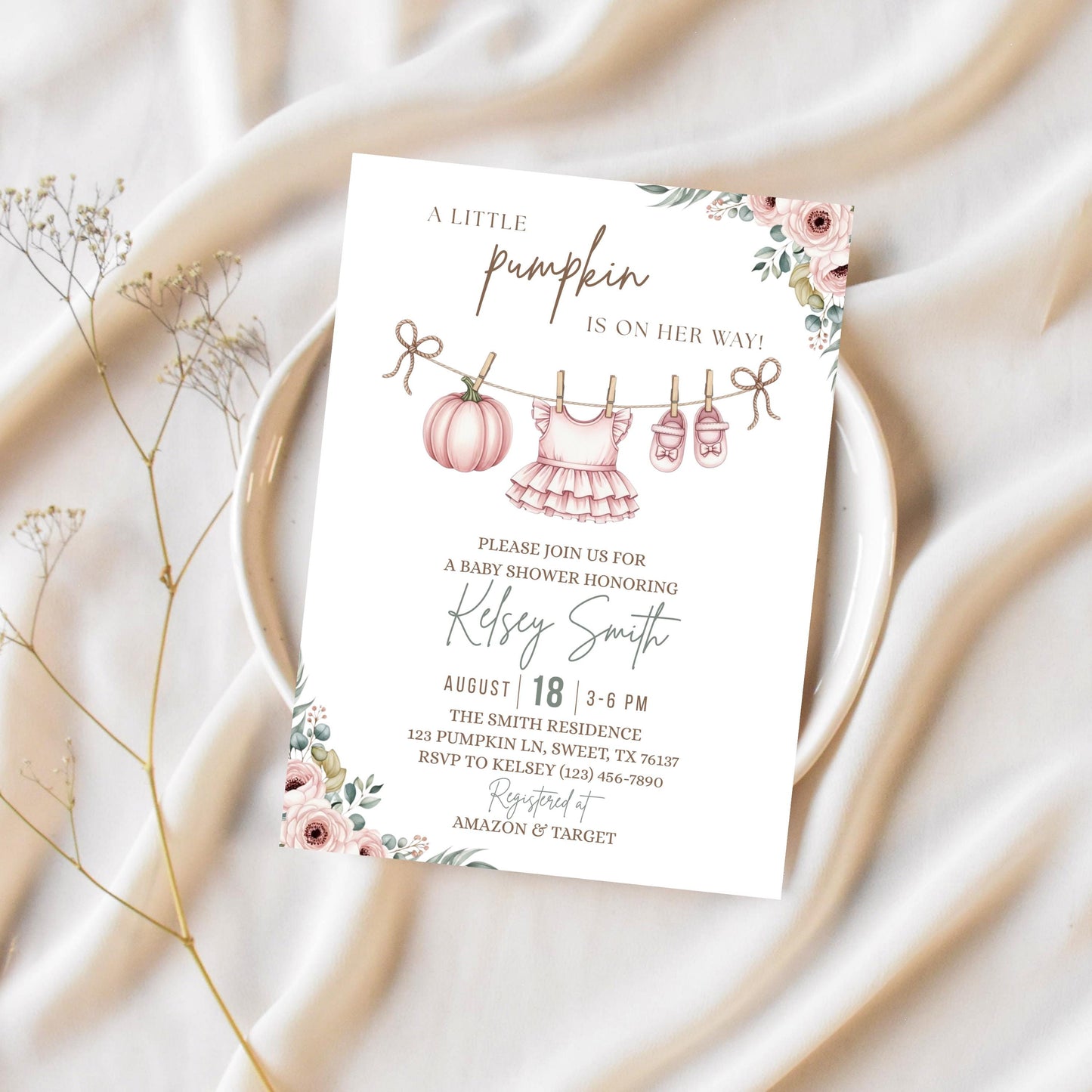 Little Pumpkin Baby Shower Invitation Fall Baby Shower Invite Editable Baby Shower Template Girl Baby Shower Invitation Pink Baby Shower