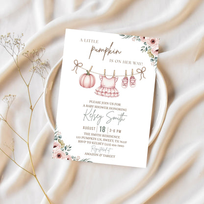 Little Pumpkin Baby Shower Invitation Fall Baby Shower Invite Editable Baby Shower Template Girl Baby Shower Invitation Pink Baby Shower