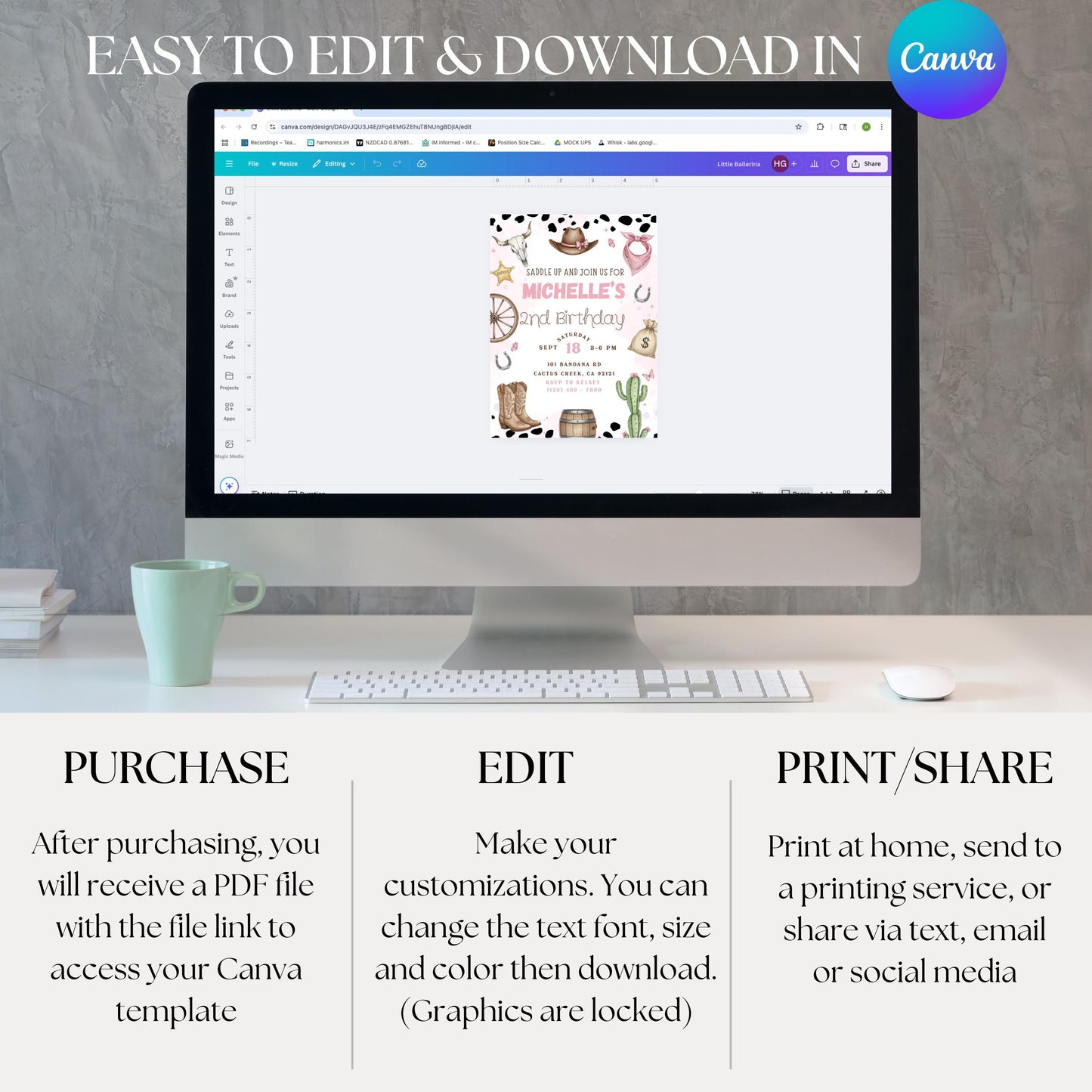 Cowgirl Birthday Invitation Girls 2nd Birthday Invite Editable Canva Template Girls Rodeo Invite Pink Rodeo Invite Digital Download