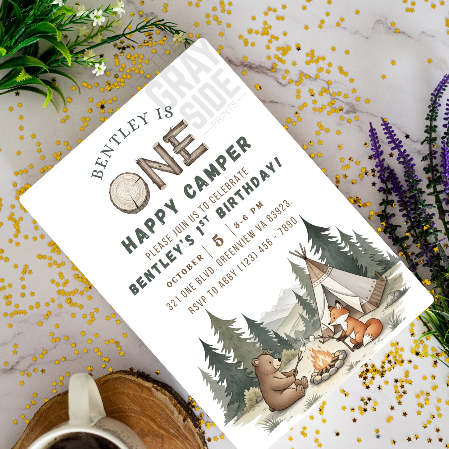 One Happy Camper Birthday Invitation Gender Neutral 1st Birthday Invite 1st Birthday Party Invite Editable Template First Birthday Invite