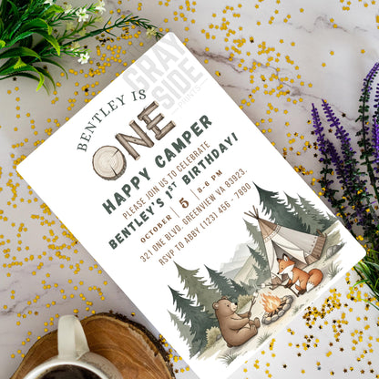 One Happy Camper Birthday Invitation Gender Neutral 1st Birthday Invite 1st Birthday Party Invite Editable Template First Birthday Invite