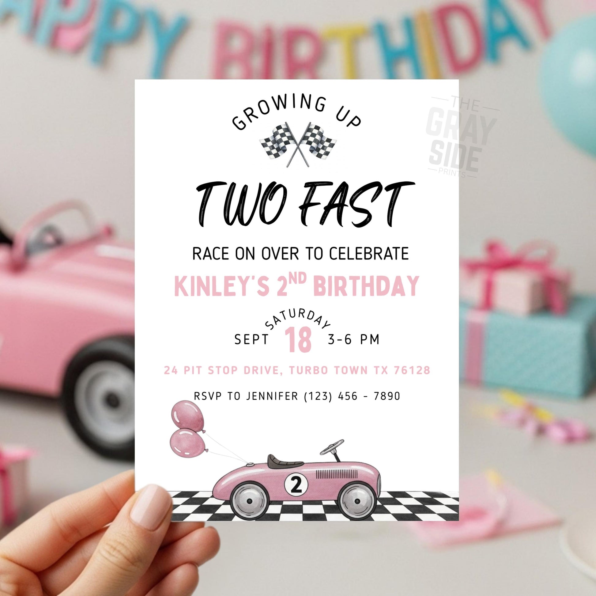 Two Fast Birthday Invitation 2nd Birthday Invite Pink Girls Birthday Invite Growing Up Two Fast Invite Vintage Car Invitation Canva Template