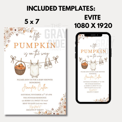 Little Pumpkin Baby Shower Invitation, A Little Pumpkin is on the Way, Autumn Baby Shower Invite, Fall Baby Shower Invitation Template