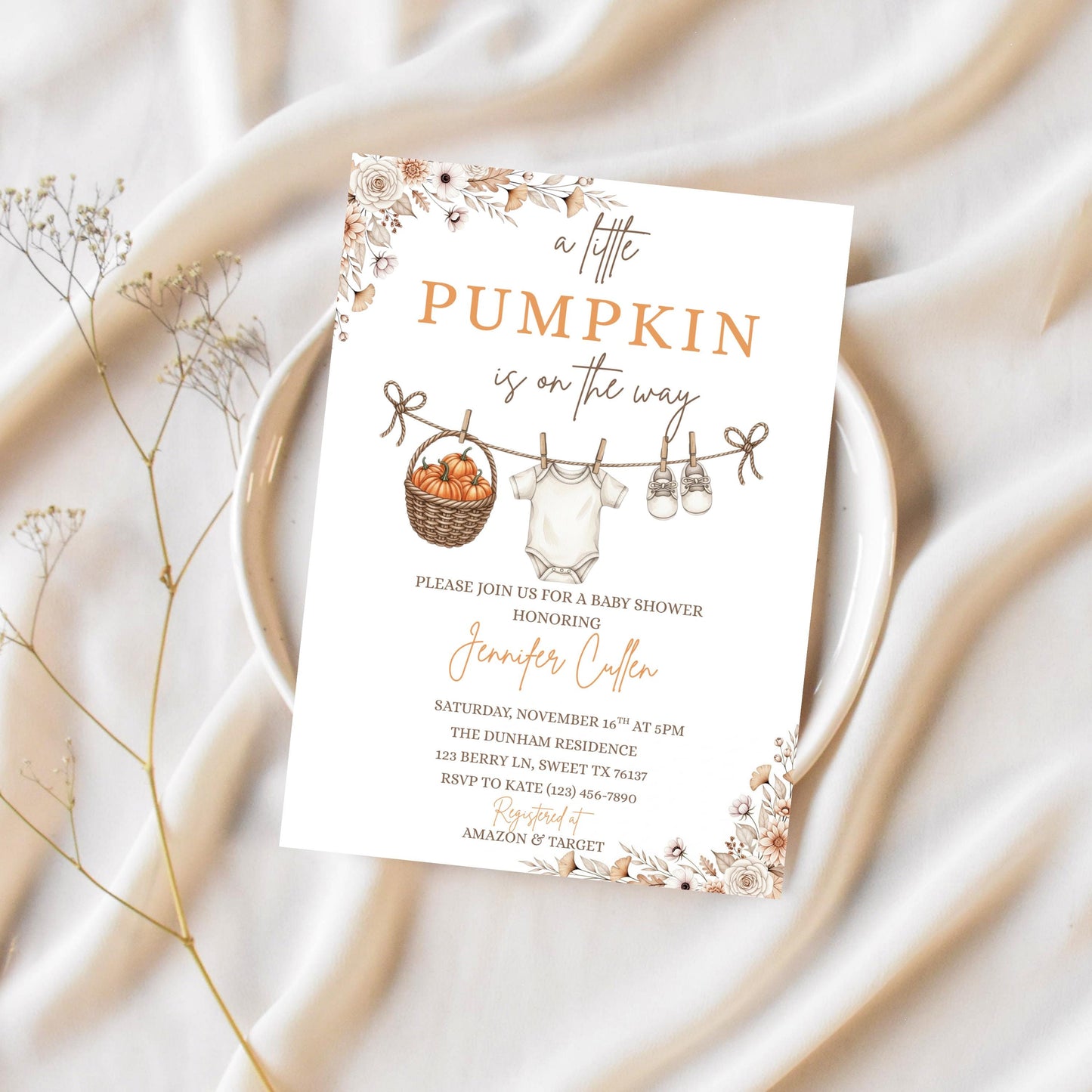 Little Pumpkin Baby Shower Invitation, A Little Pumpkin is on the Way, Autumn Baby Shower Invite, Fall Baby Shower Invitation Template
