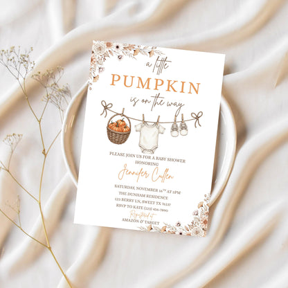 Little Pumpkin Baby Shower Invitation, A Little Pumpkin is on the Way, Autumn Baby Shower Invite, Fall Baby Shower Invitation Template