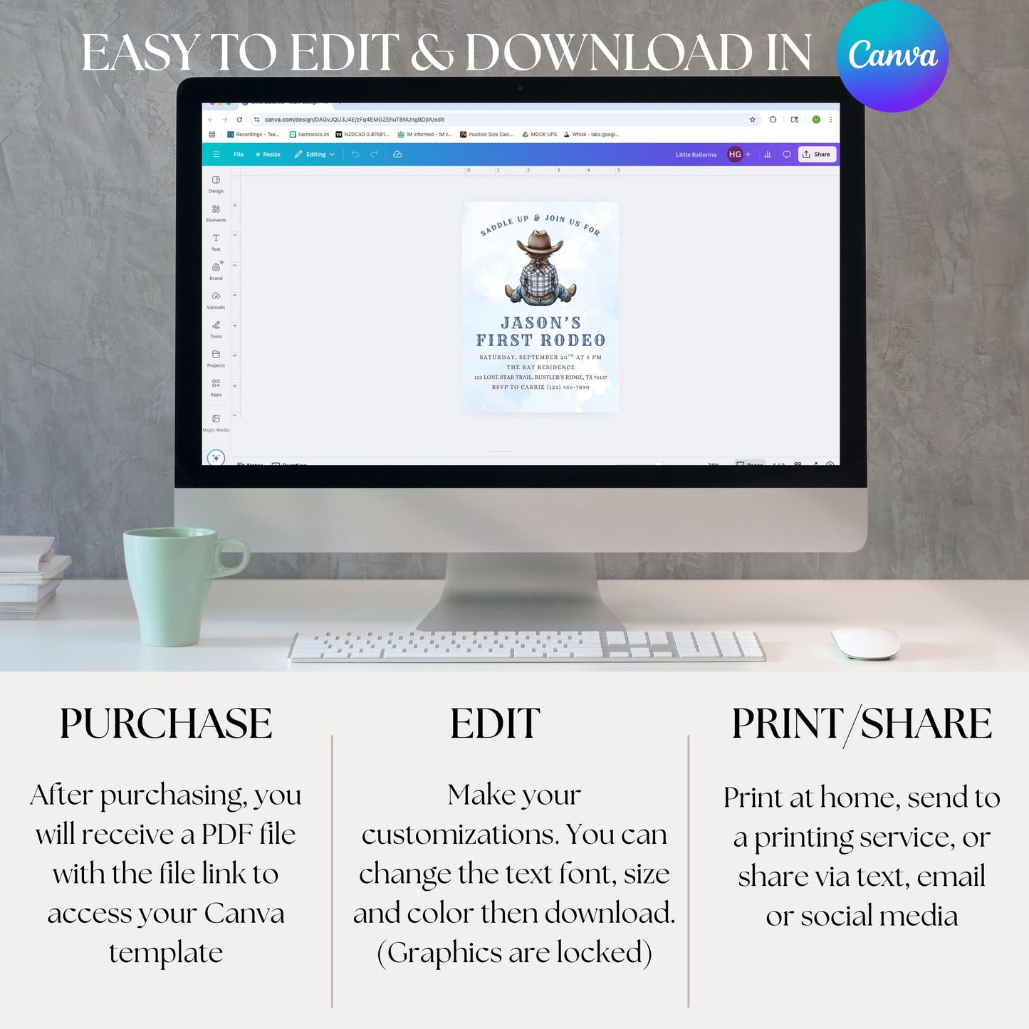 First Rodeo Birthday Invitation Cowboy Western Party Invite Editable Boy Rodeo Template Boy First Birthday Invite Canva Digital Download