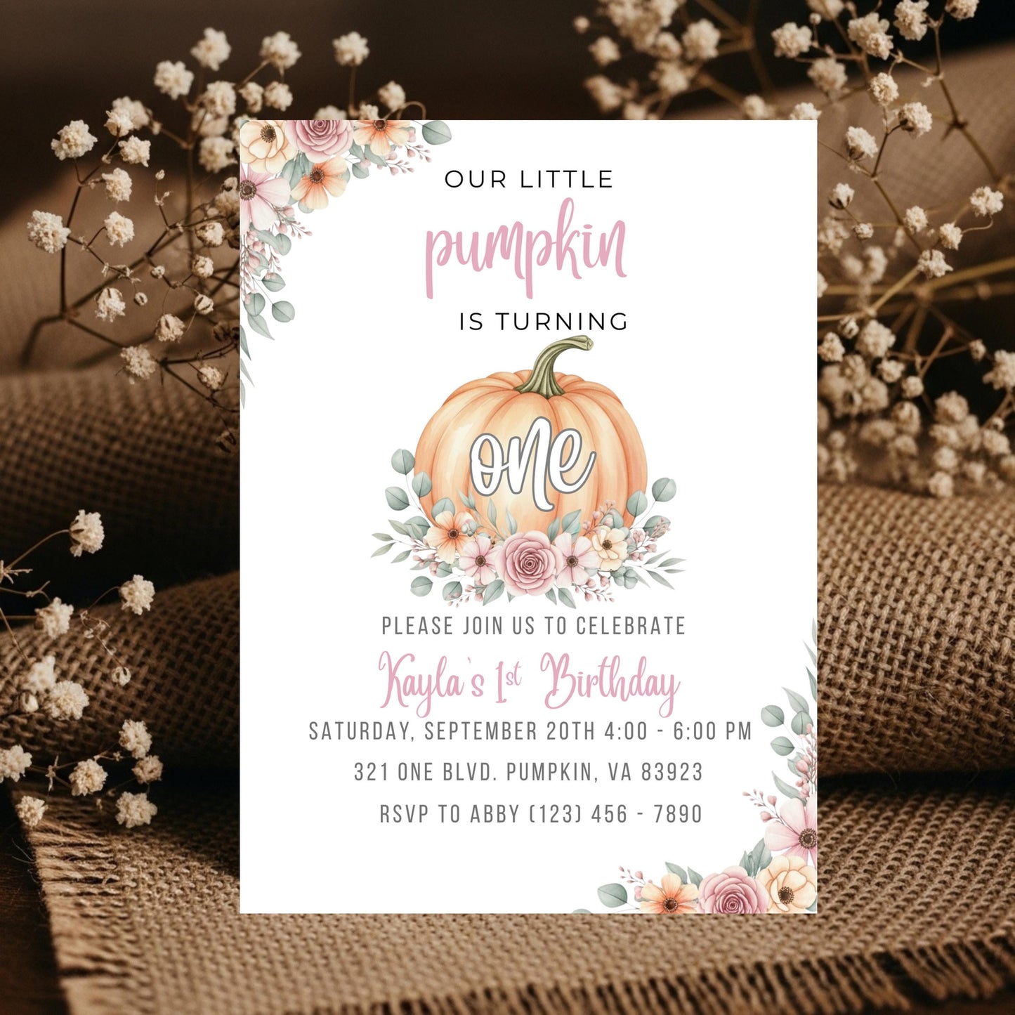 Our Little Pumpkin is Turning One Invitation First Birthday Invite Template Editable Fall 1st Birthday Invitation One Pumpkin First Bday