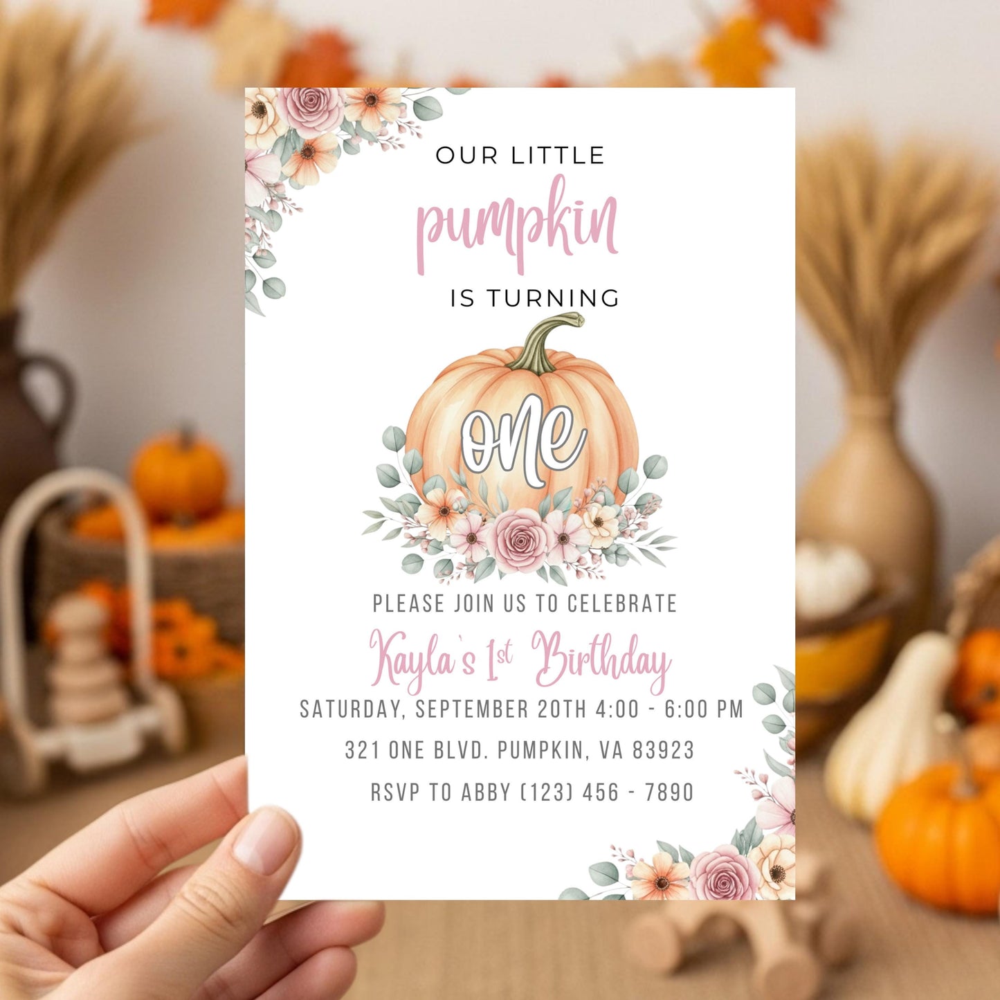 Our Little Pumpkin is Turning One Invitation First Birthday Invite Template Editable Fall 1st Birthday Invitation One Pumpkin First Bday