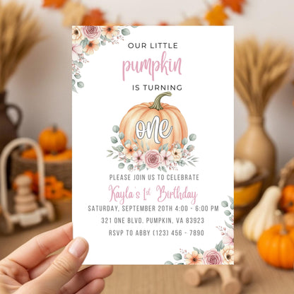Our Little Pumpkin is Turning One Invitation First Birthday Invite Template Editable Fall 1st Birthday Invitation One Pumpkin First Bday