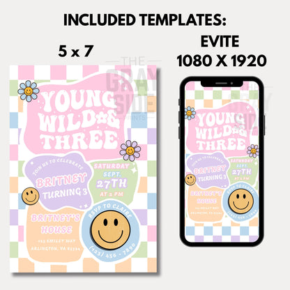 Young Wild & Three Birthday Invitation Retro 3rd Birthday Party Invite Editable Groovy Girl Birthday Digital Download Girls 3rd Birthday