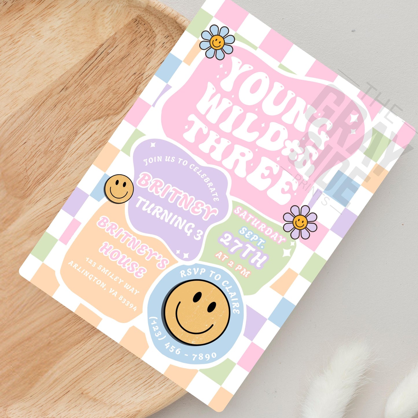 Young Wild & Three Birthday Invitation Retro 3rd Birthday Party Invite Editable Groovy Girl Birthday Digital Download Girls 3rd Birthday