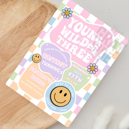 Young Wild & Three Birthday Invitation Retro 3rd Birthday Party Invite Editable Groovy Girl Birthday Digital Download Girls 3rd Birthday