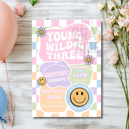 Young Wild & Three Birthday Invitation Retro 3rd Birthday Party Invite Editable Groovy Girl Birthday Digital Download Girls 3rd Birthday