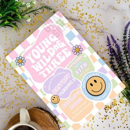 Young Wild & Three Birthday Invitation Retro 3rd Birthday Party Invite Editable Groovy Girl Birthday Digital Download Girls 3rd Birthday