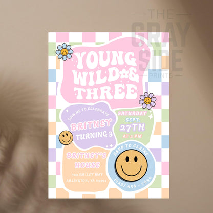 Young Wild & Three Birthday Invitation Retro 3rd Birthday Party Invite Editable Groovy Girl Birthday Digital Download Girls 3rd Birthday