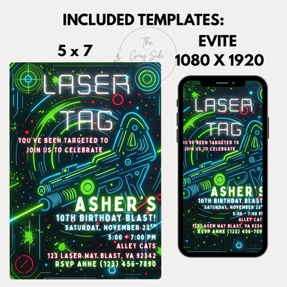 Neon Laser Tag Invite Editable Laser Tag Birthday Invitation  Glow Laser Tag Party Blue Green Boy Invite Girl Invite Arcade Birthday Invite