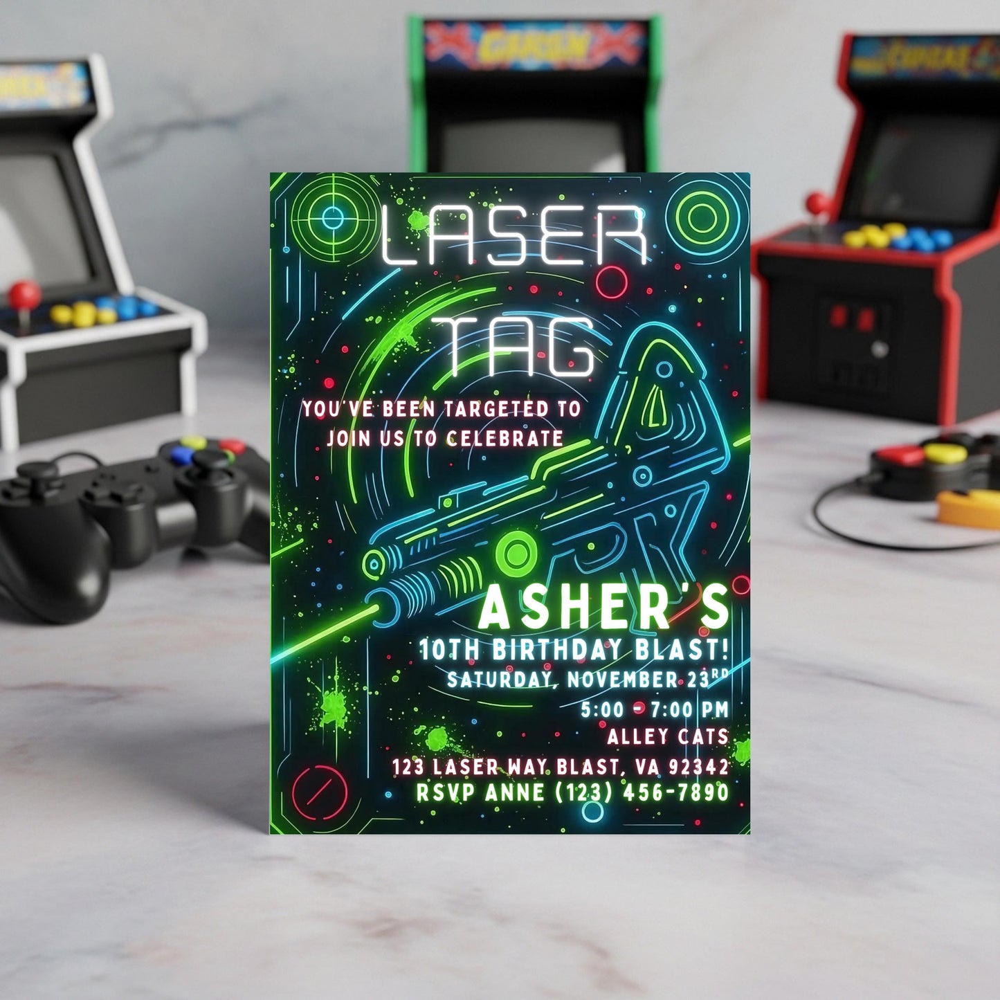 Neon Laser Tag Invite Editable Laser Tag Birthday Invitation  Glow Laser Tag Party Blue Green Boy Invite Girl Invite Arcade Birthday Invite
