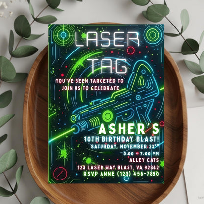 Neon Laser Tag Invite Editable Laser Tag Birthday Invitation  Glow Laser Tag Party Blue Green Boy Invite Girl Invite Arcade Birthday Invite