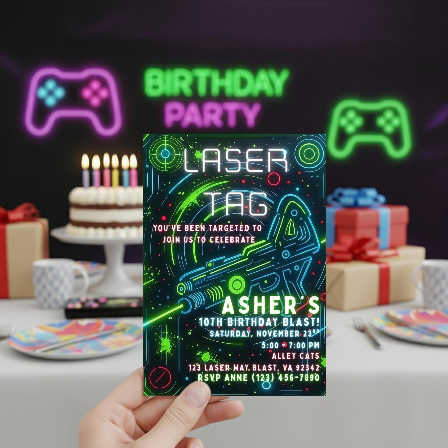 Neon Laser Tag Invite Editable Laser Tag Birthday Invitation  Glow Laser Tag Party Blue Green Boy Invite Girl Invite Arcade Birthday Invite
