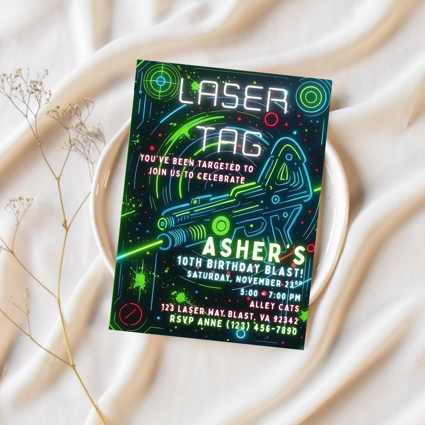 Neon Laser Tag Invite Editable Laser Tag Birthday Invitation  Glow Laser Tag Party Blue Green Boy Invite Girl Invite Arcade Birthday Invite