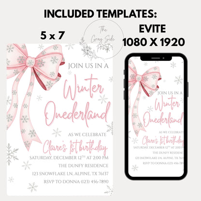 Winter Onederland First Birthday Invite Pink Bow Birthday Invitation Winter Wonderland 1st Birthday Girls Winter Birthday Editable Template