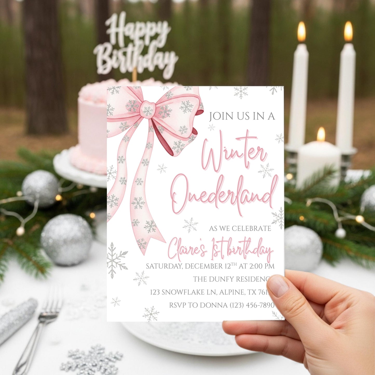 Winter Onederland First Birthday Invite Pink Bow Birthday Invitation Winter Wonderland 1st Birthday Girls Winter Birthday Editable Template