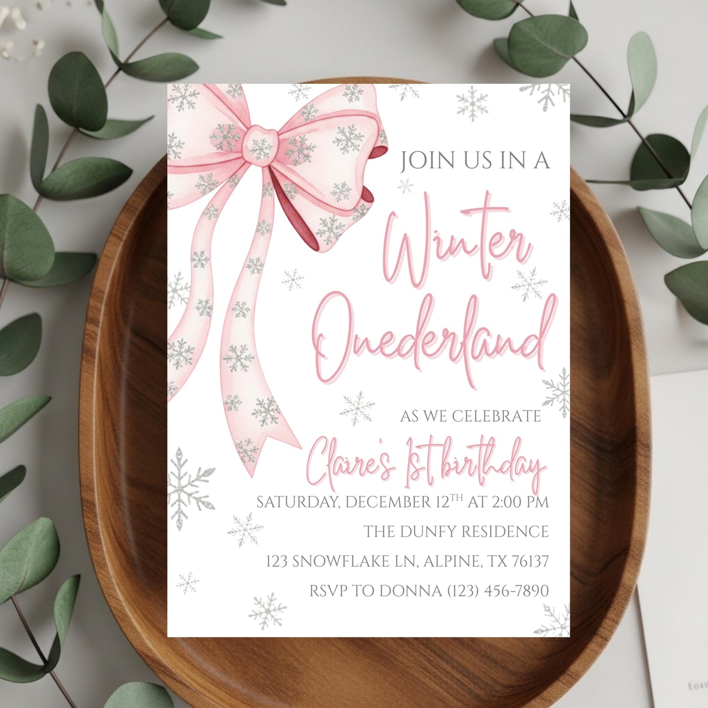 Winter Onederland First Birthday Invite Pink Bow Birthday Invitation Winter Wonderland 1st Birthday Girls Winter Birthday Editable Template