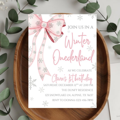Winter Onederland First Birthday Invite Pink Bow Birthday Invitation Winter Wonderland 1st Birthday Girls Winter Birthday Editable Template