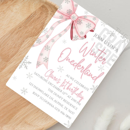 Winter Onederland First Birthday Invite Pink Bow Birthday Invitation Winter Wonderland 1st Birthday Girls Winter Birthday Editable Template