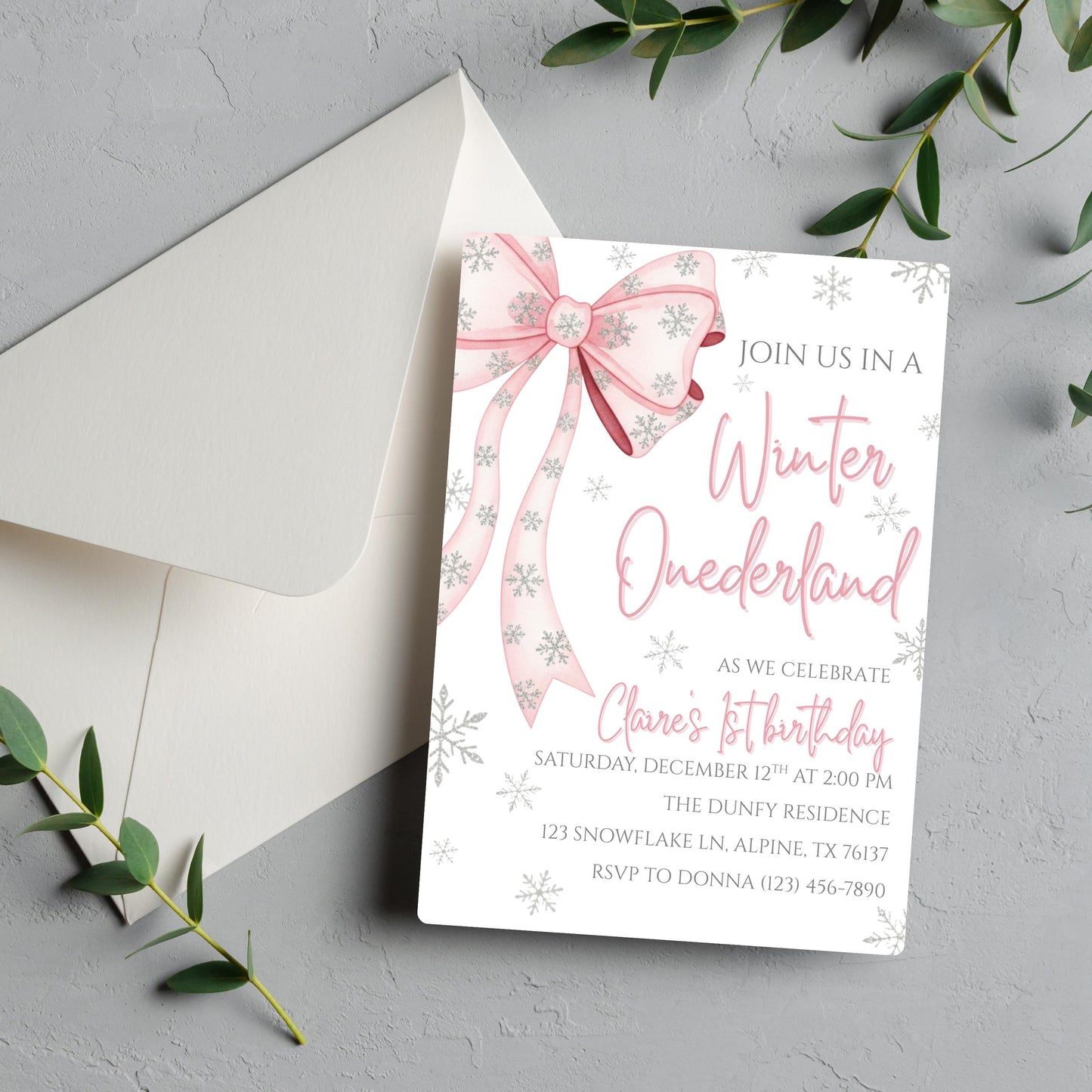 Winter Onederland First Birthday Invite Pink Bow Birthday Invitation Winter Wonderland 1st Birthday Girls Winter Birthday Editable Template