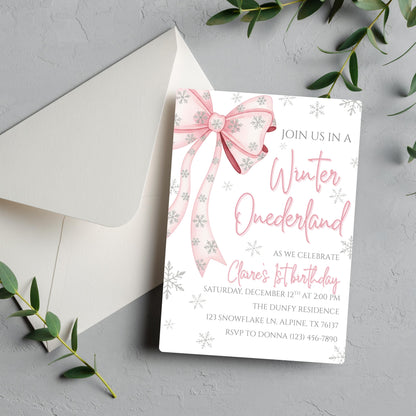 Winter Onederland First Birthday Invite Pink Bow Birthday Invitation Winter Wonderland 1st Birthday Girls Winter Birthday Editable Template