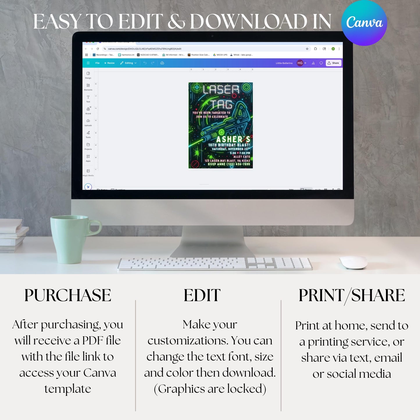 Editable Laser Tag Birthday Invitation Neon Laser Tag Invite Glow Laser Tag Party Boy Girl Digital Download Printable Kids Birthday Invite